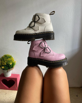 Devon Heart Leather Platform Boots in White Martens